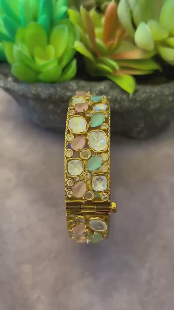 Polki and American diamonds kada bracelet gold polished