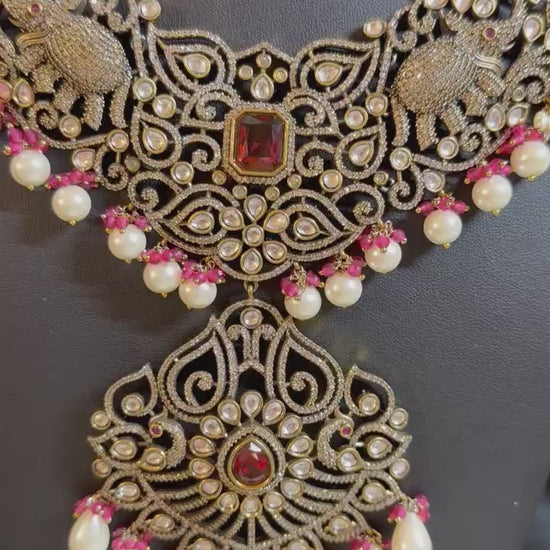 Victorian polished, Brass Necklace: American Diamond & Semi-Precious stones amrapali design handcrafted
