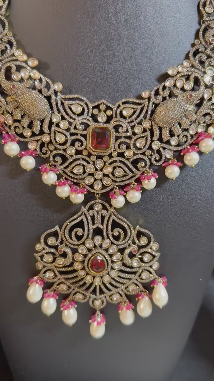 Victorian polished, Brass Necklace: American Diamond & Semi-Precious stones amrapali design handcrafted