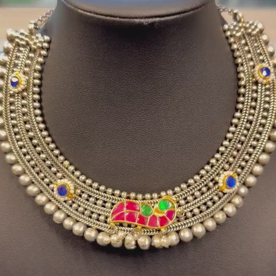 German silver necklace set with jadaus oxidized garba dandiya two tone