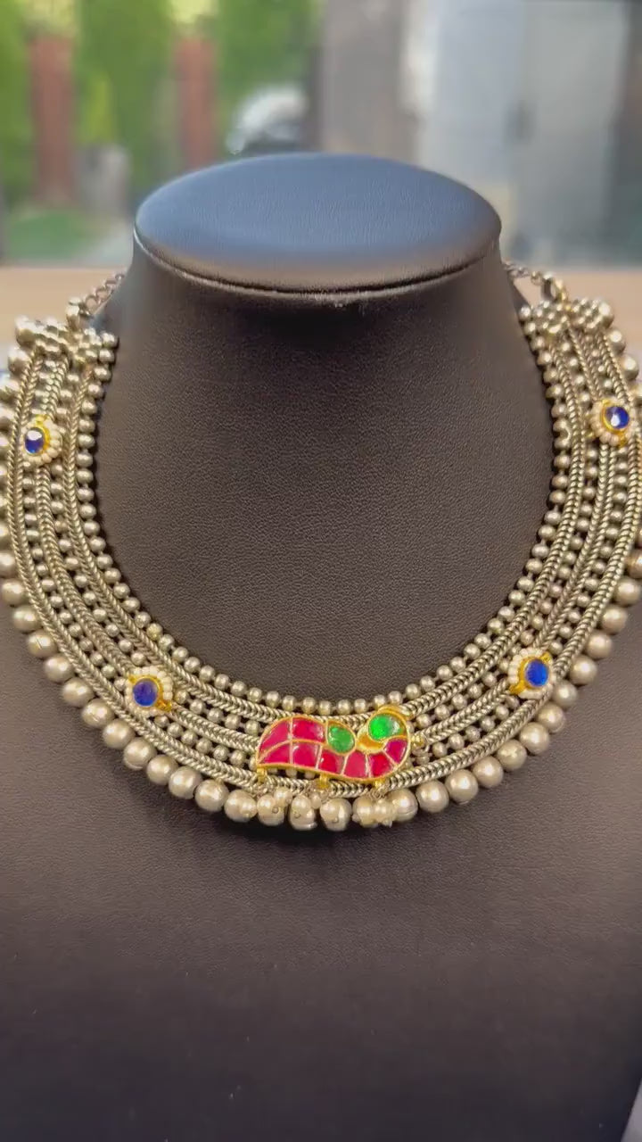 German silver necklace set with jadaus oxidized garba dandiya two tone