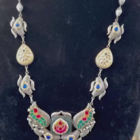 German silver necklace set with jadau Kundan Polki