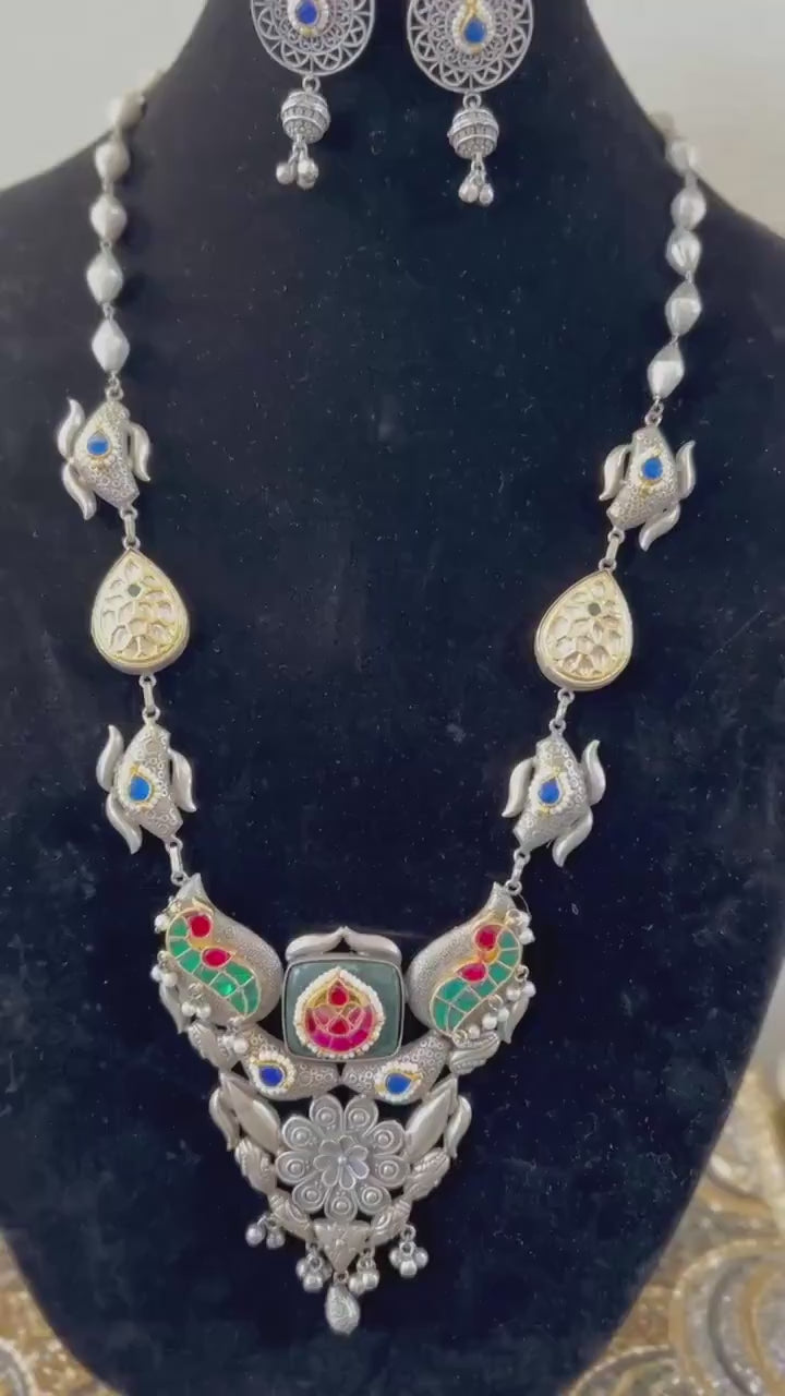 German silver necklace set with jadau Kundan Polki