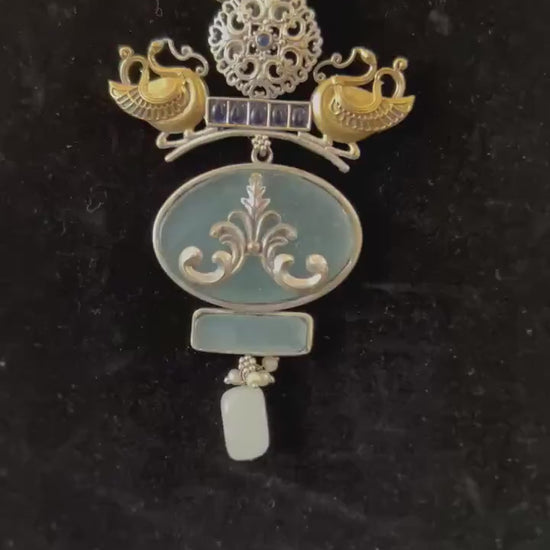 German silver necklace set with doublet stone with inlay work long