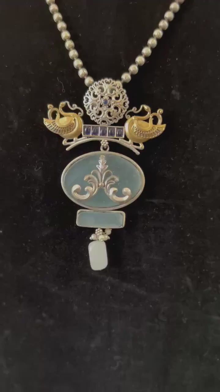 German silver necklace set with doublet stone with inlay work long