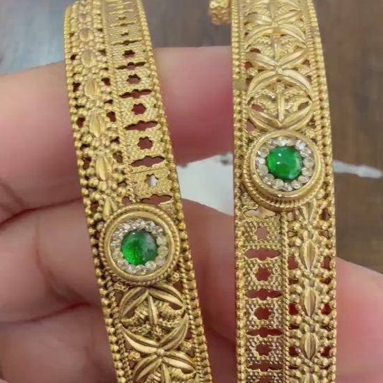 Handmade Antique Gold bangles set of 2 openable with jadau and american diamonds