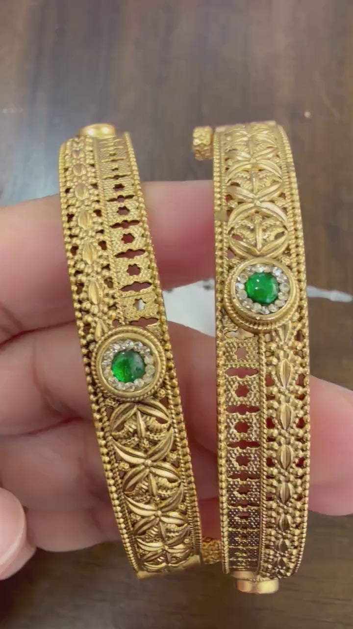 Handmade Antique Gold bangles set of 2 openable with jadau and american diamonds