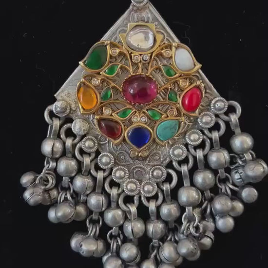 German silver necklace set with rhinestones and navratnas (NO earrings)