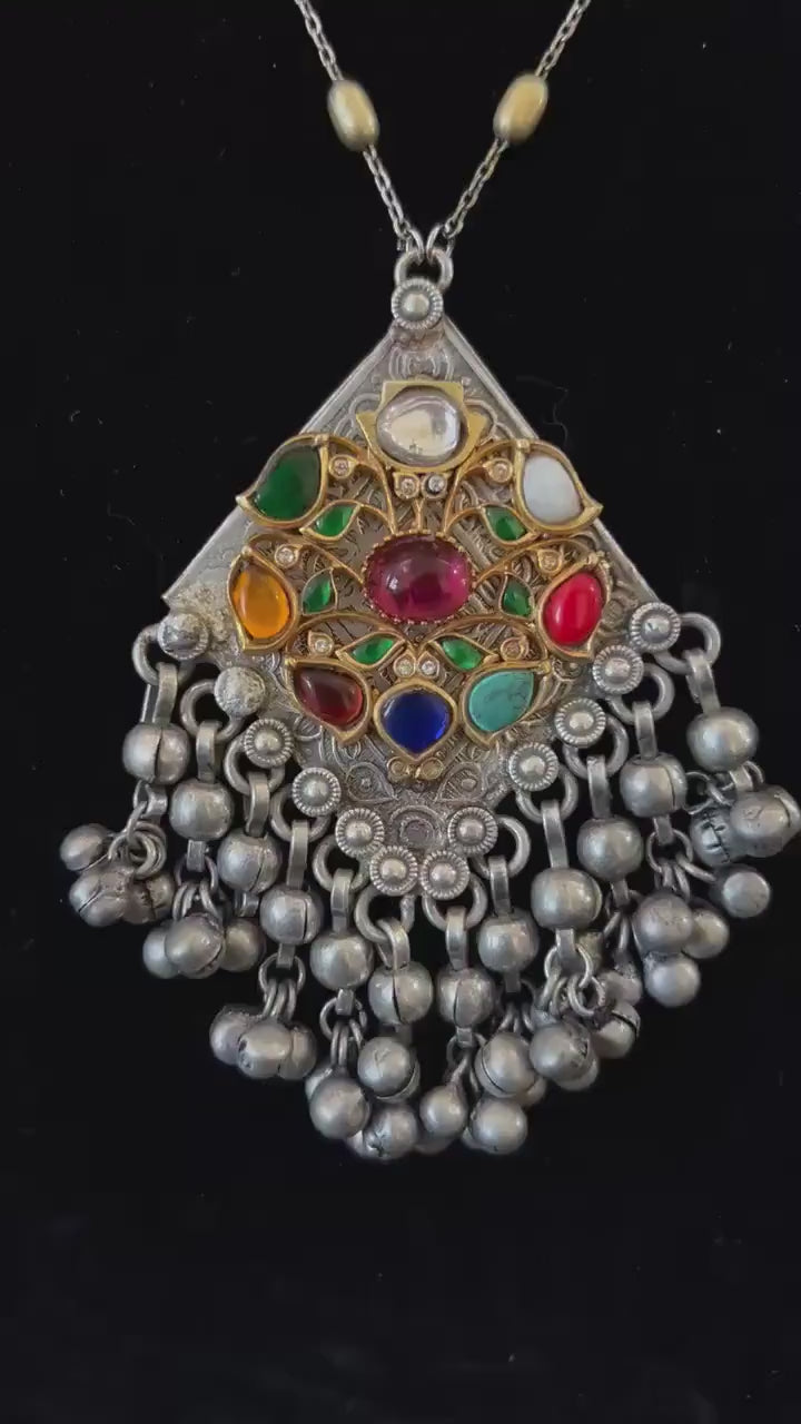 German silver necklace set with rhinestones and navratnas (NO earrings)