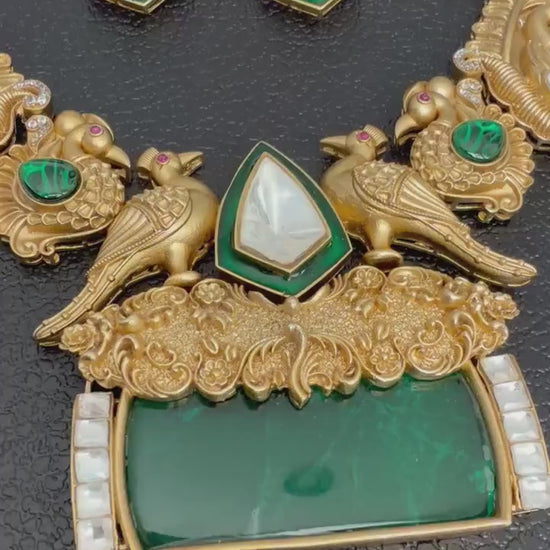 Semiprecious doublet stone necklace set with Mossanite, polki American diamonds adjustable gold polished hand crafted