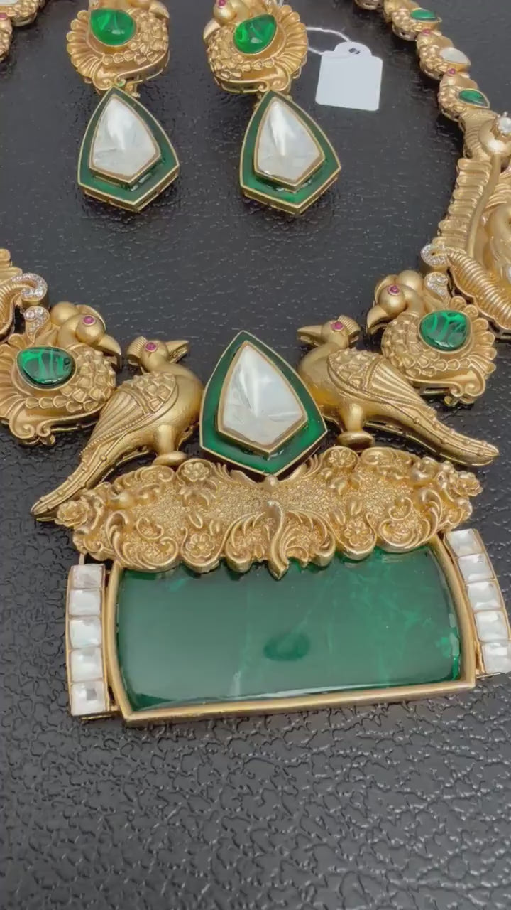 Semiprecious doublet stone necklace set with Mossanite, polki American diamonds adjustable gold polished hand crafted