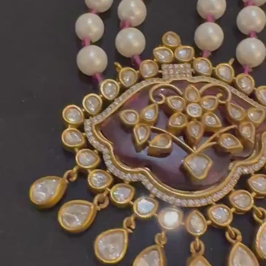 Red Doublet Stone Necklace Set with inlay work: Mossanite, Polki American Diamonds and pearls