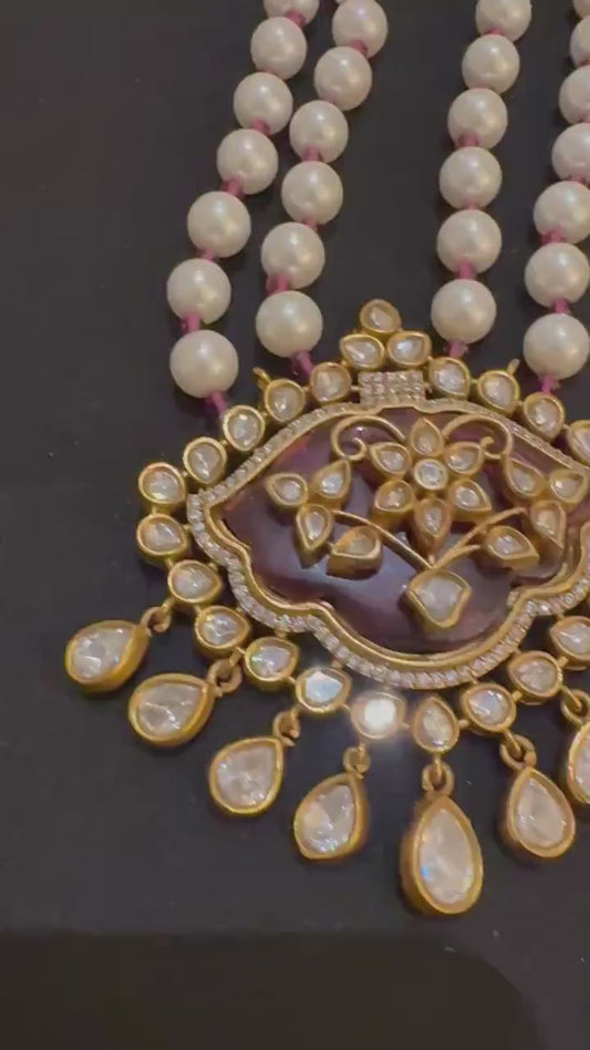 Red Doublet Stone Necklace Set with inlay work: Mossanite, Polki American Diamonds and pearls
