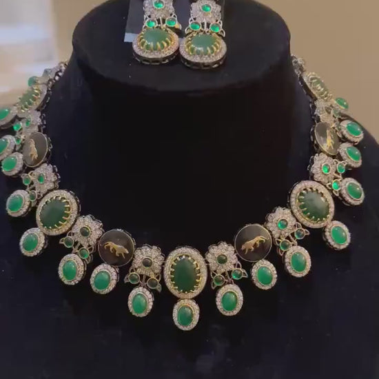 Sabyasachi inspired long necklace set emerald stones gold polished