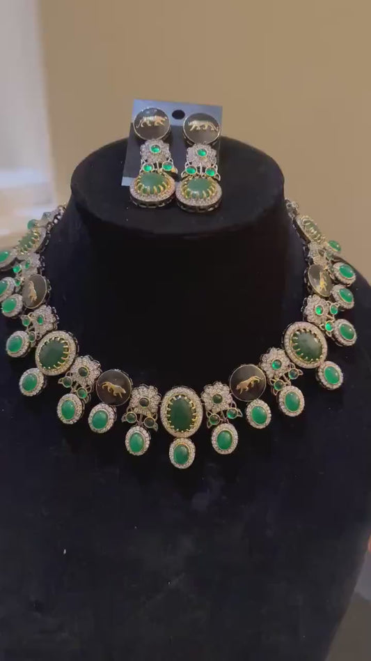 Sabyasachi inspired long necklace set emerald stones gold polished