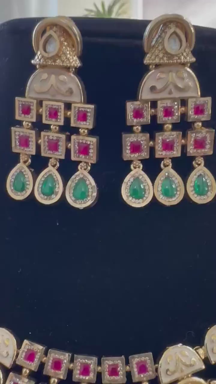 Rajwadi necklace set short with polki work, adjustable gold polished