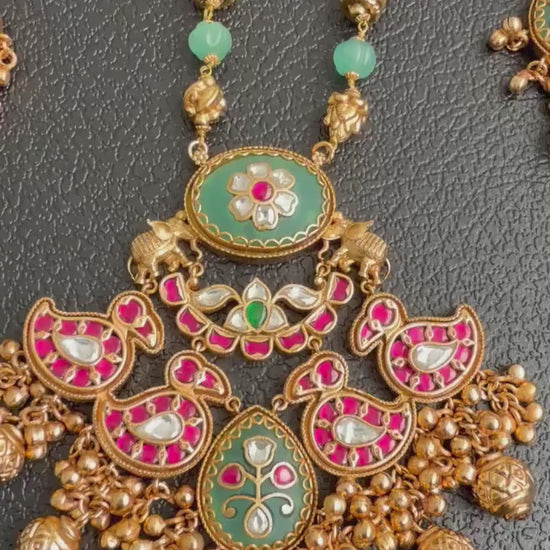 Heritage collection semiprecious stones with gold inlay work long necklace set chain pendant style handcrafted