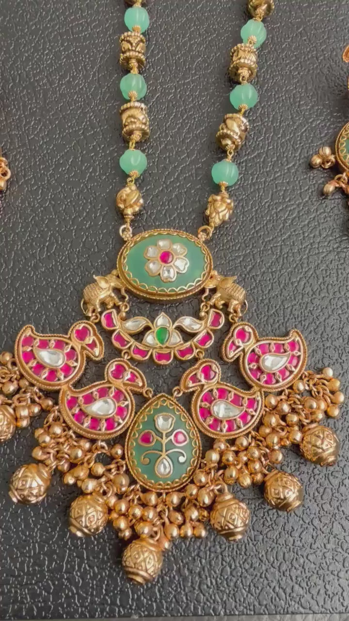 Heritage collection semiprecious stones with gold inlay work long necklace set chain pendant style handcrafted