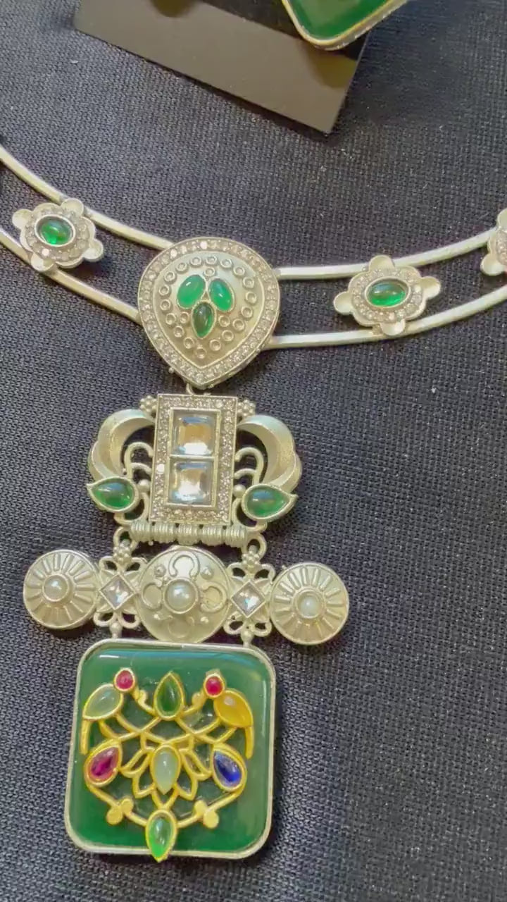 German Silver Hasli Set: Kundan Style, Doublet Stone Inlay necklace with earrings