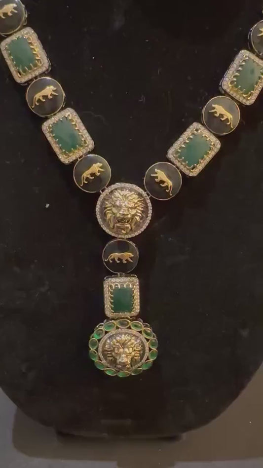 Sabyasachi inspired long necklace set emerald stones gold polished
