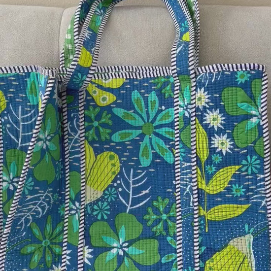 Quilted Cotton Tote Bag: Floral Bird Print, Large Capacity Shoulder Bag