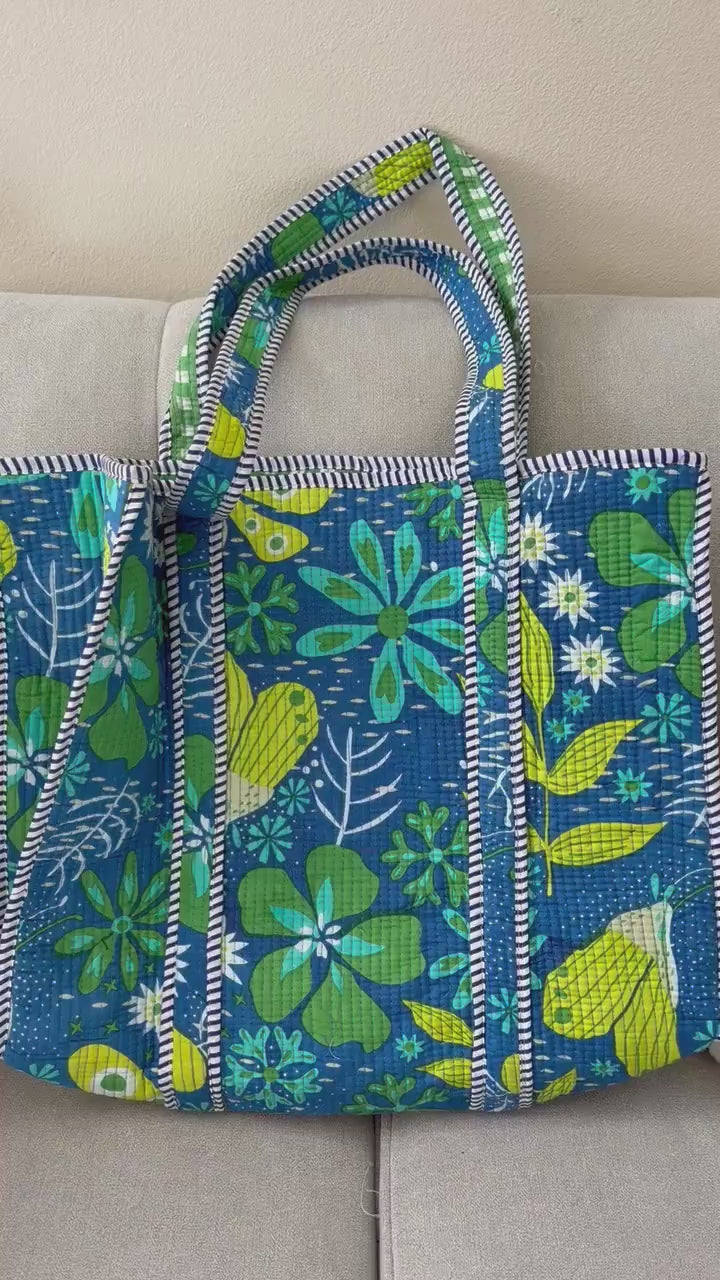 Quilted Cotton Tote Bag: Floral Bird Print, Large Capacity Shoulder Bag