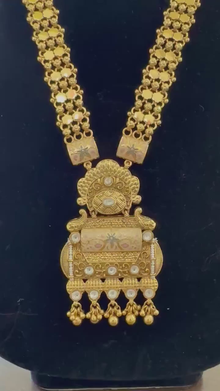 Rajwadi necklace set long, adjustable gold polished