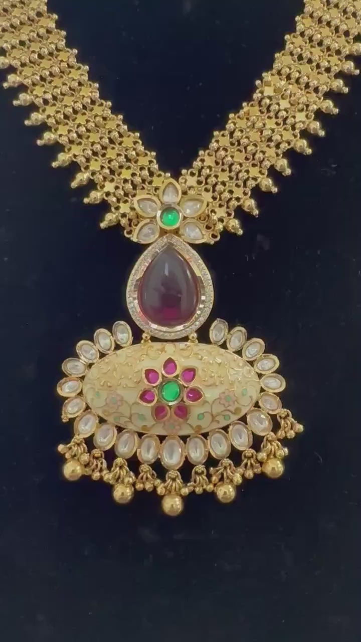 Rajwadi necklace set long, adjustable gold polished