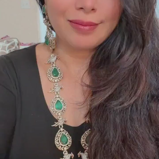 Semi Precious stones, emeralds, Polki: Antique Gold polished with American Diamonds necklace set