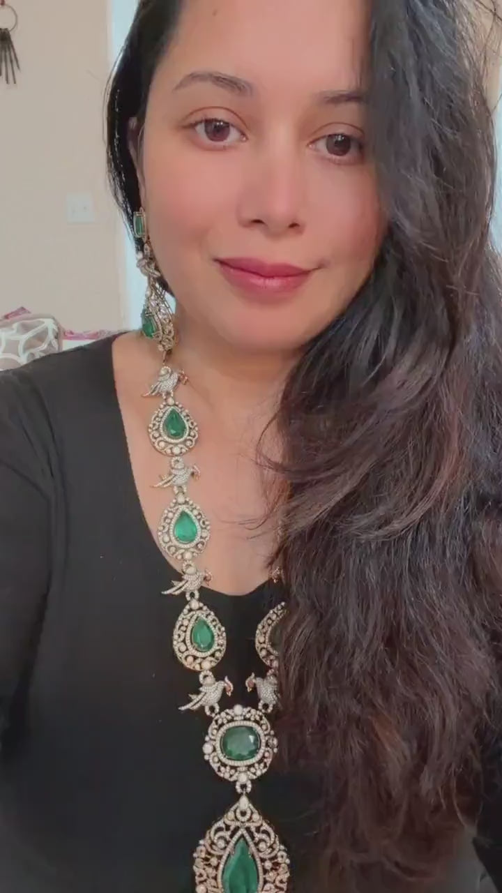 Semi Precious stones, emeralds, Polki: Antique Gold polished with American Diamonds necklace set