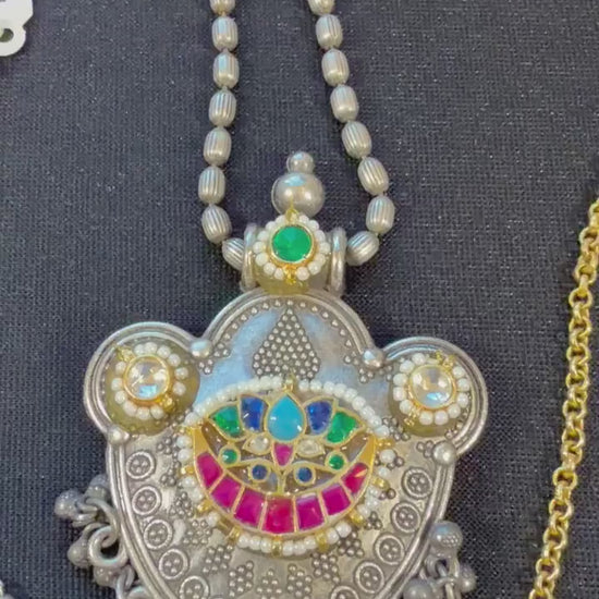 German silver necklace long set with jadau and stud earrings