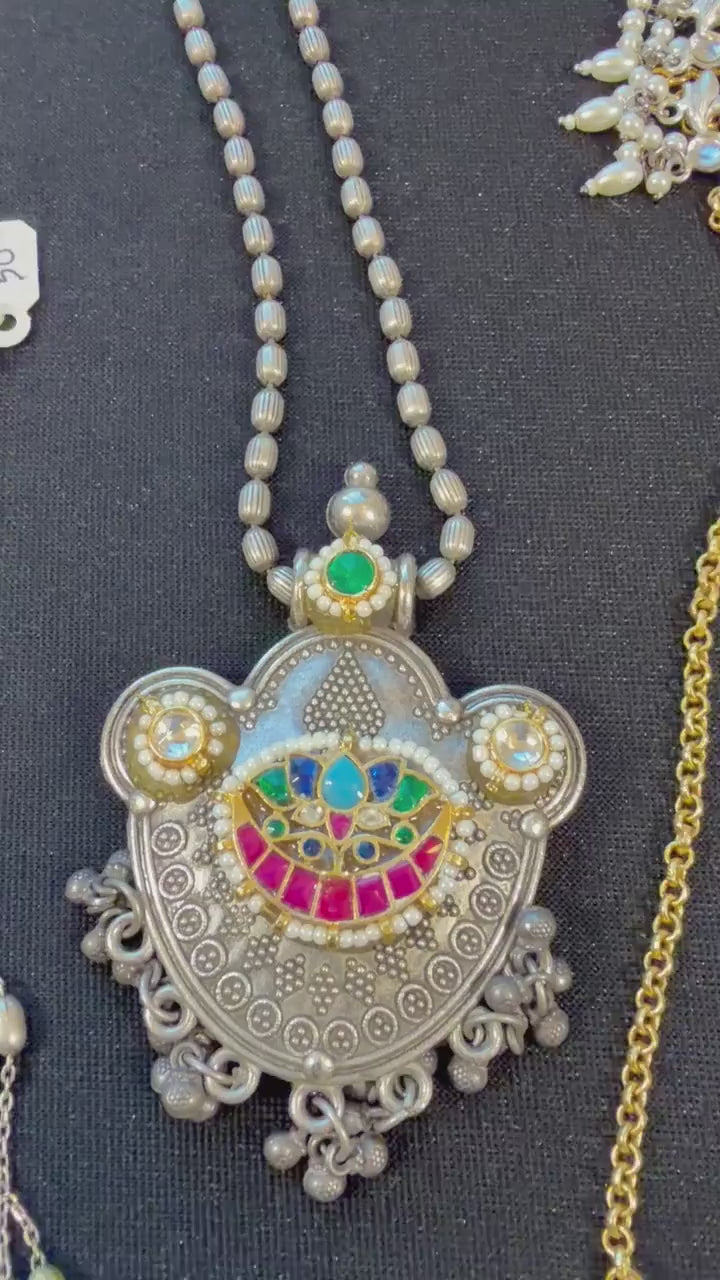 German silver necklace long set with jadau and stud earrings