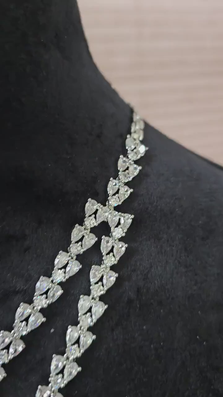 American diamonds long layered necklace set adjustable silver polished