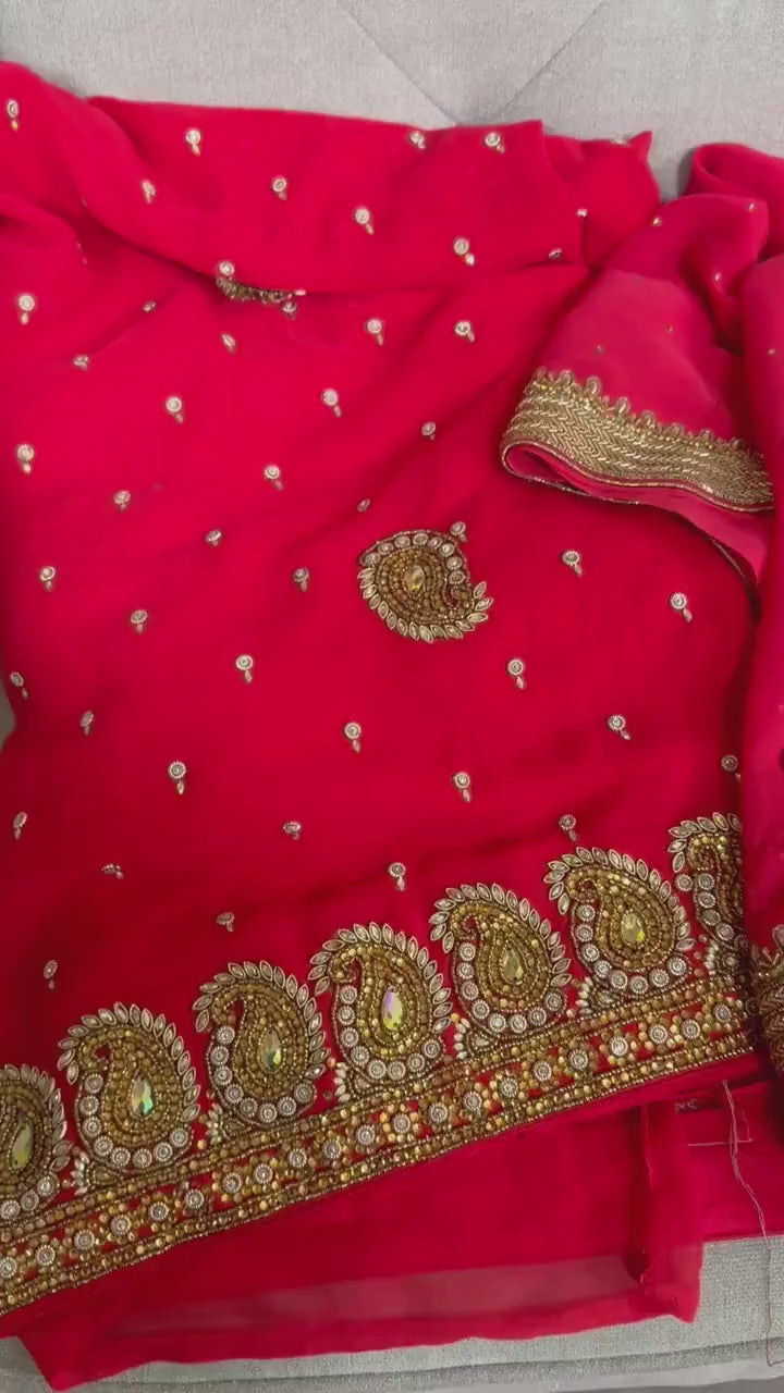 Georgette with heavy work and stonework Saree premium quality fall pico done with blouse piece