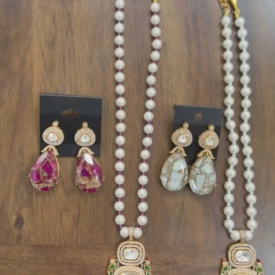 Stone Necklace Set : Mossanite, Polki American Diamonds and pearls