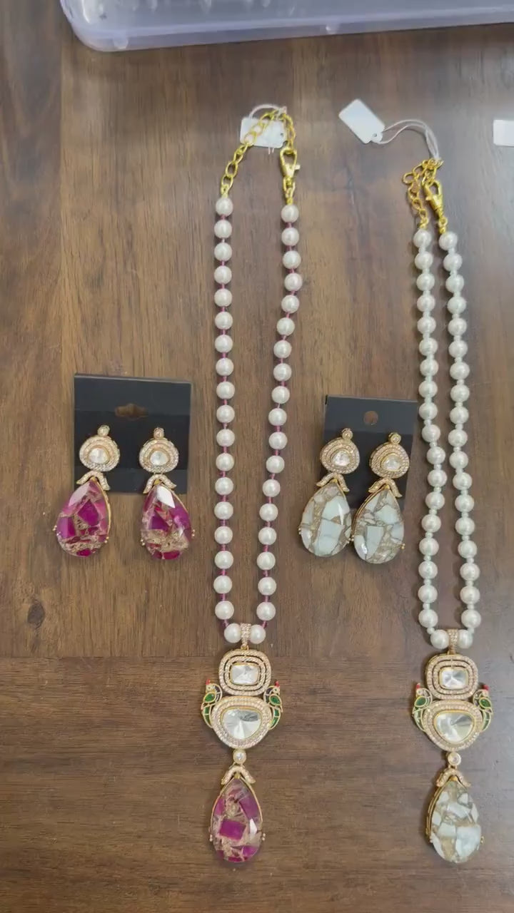 Stone Necklace Set : Mossanite, Polki American Diamonds and pearls