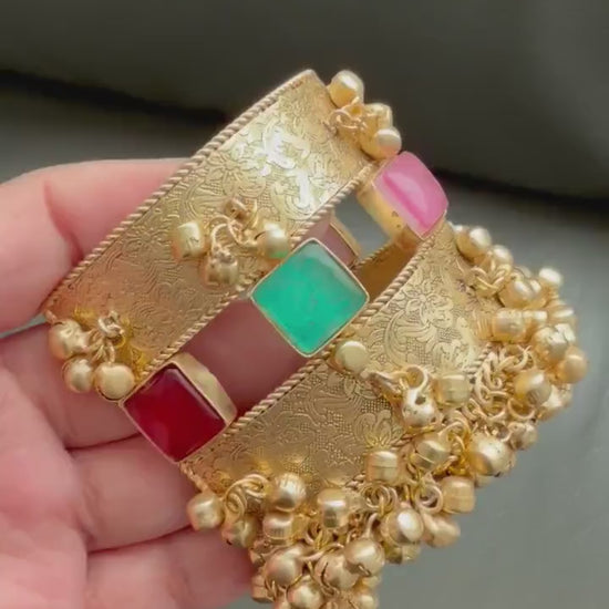 Handcrafted gold polished kada with semiprecious stones and Jadau