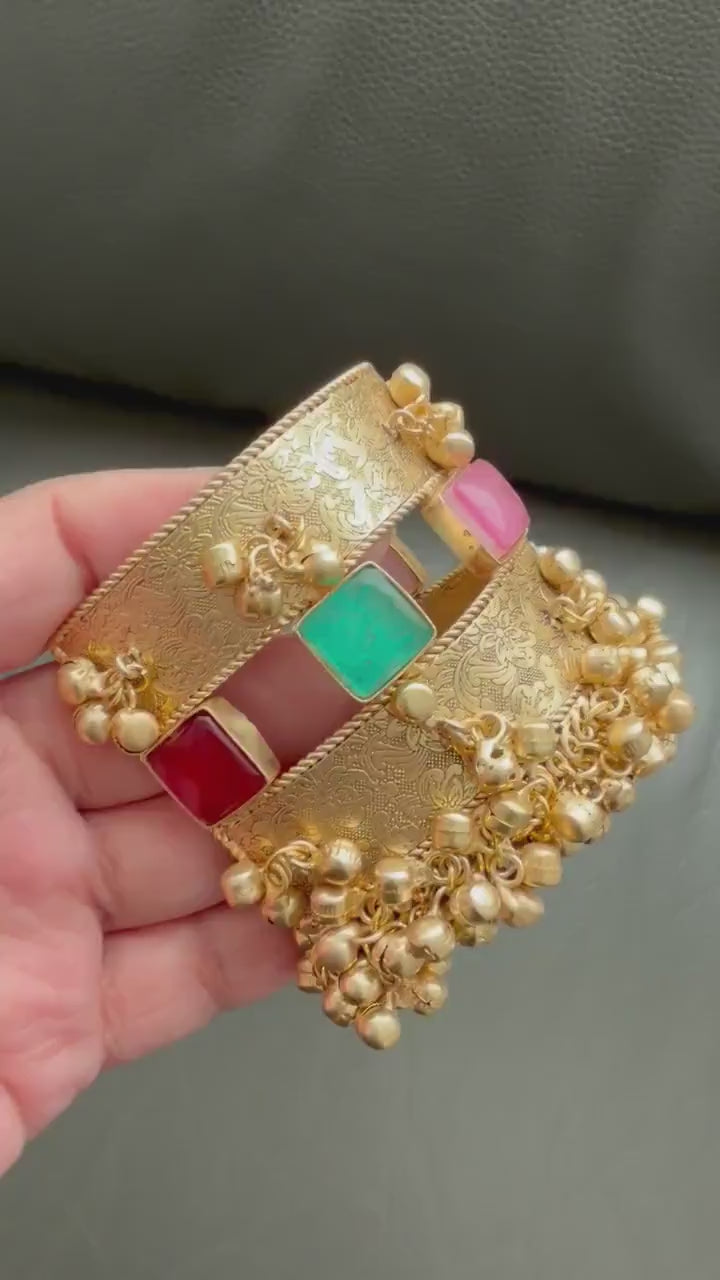 Handcrafted gold polished kada with semiprecious stones and Jadau