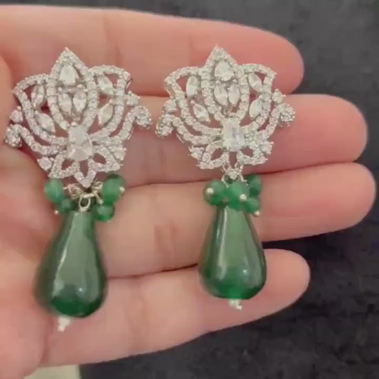 Emerald Bead Layered Necklace: Silver Lotus Design, Bollywood Style