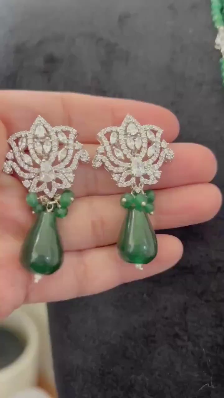 Emerald Bead Layered Necklace: Silver Lotus Design, Bollywood Style