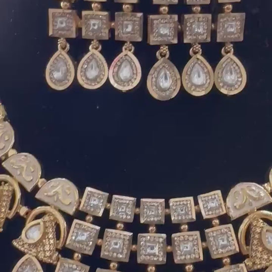 Rajwadi necklace set short with polki, adjustable antique gold polished
