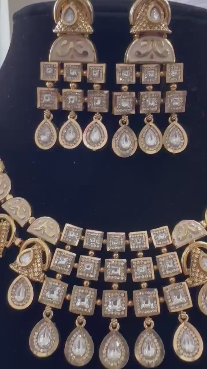 Rajwadi necklace set short with polki, adjustable antique gold polished