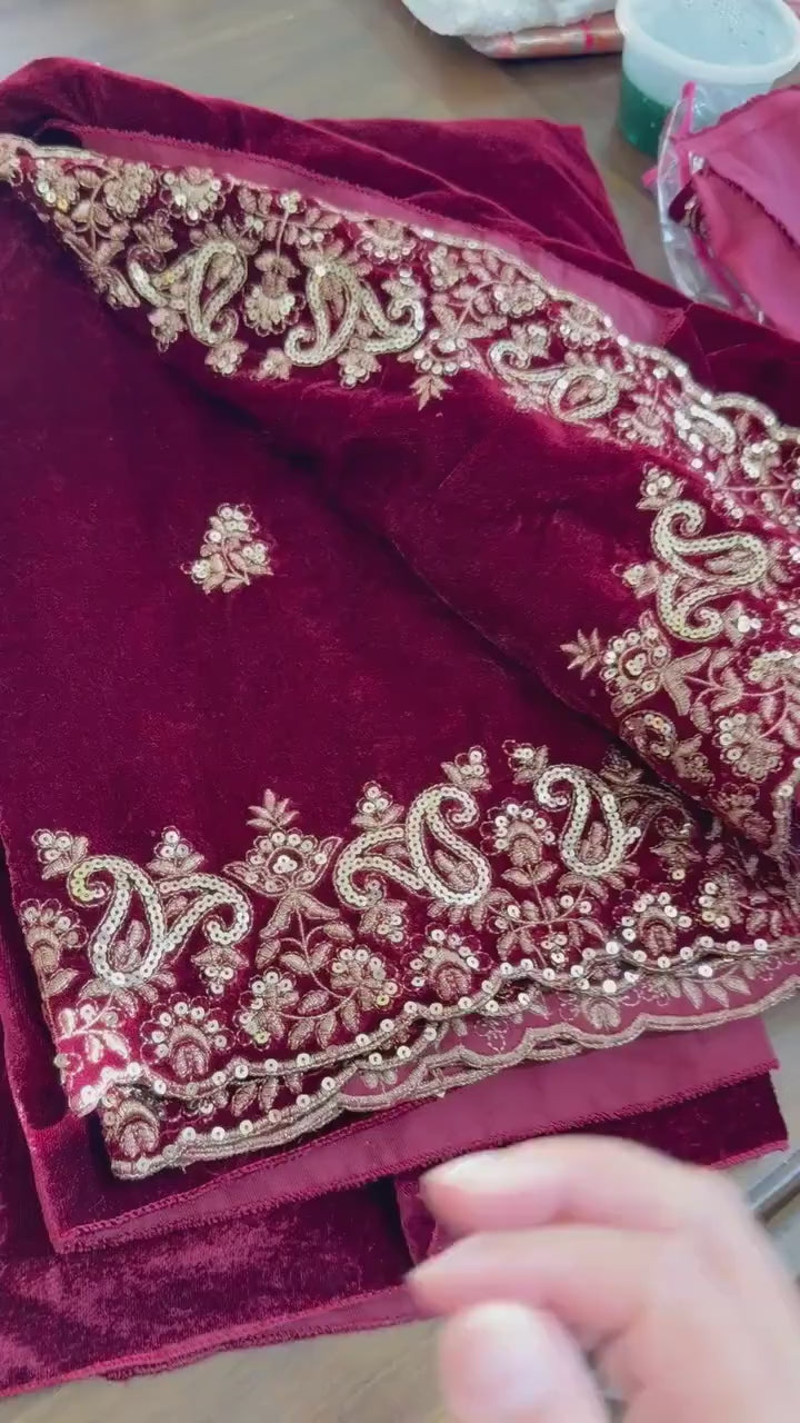 Velvet Designer Saree with golden embroidery border