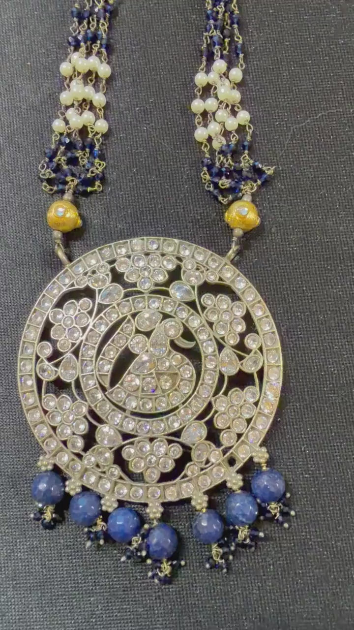 German silver necklace set with rhinestones and beads turquoise and ruby color