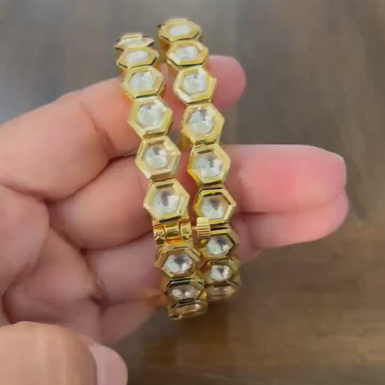 Kundan bangles gold polished openable hexagon shaped