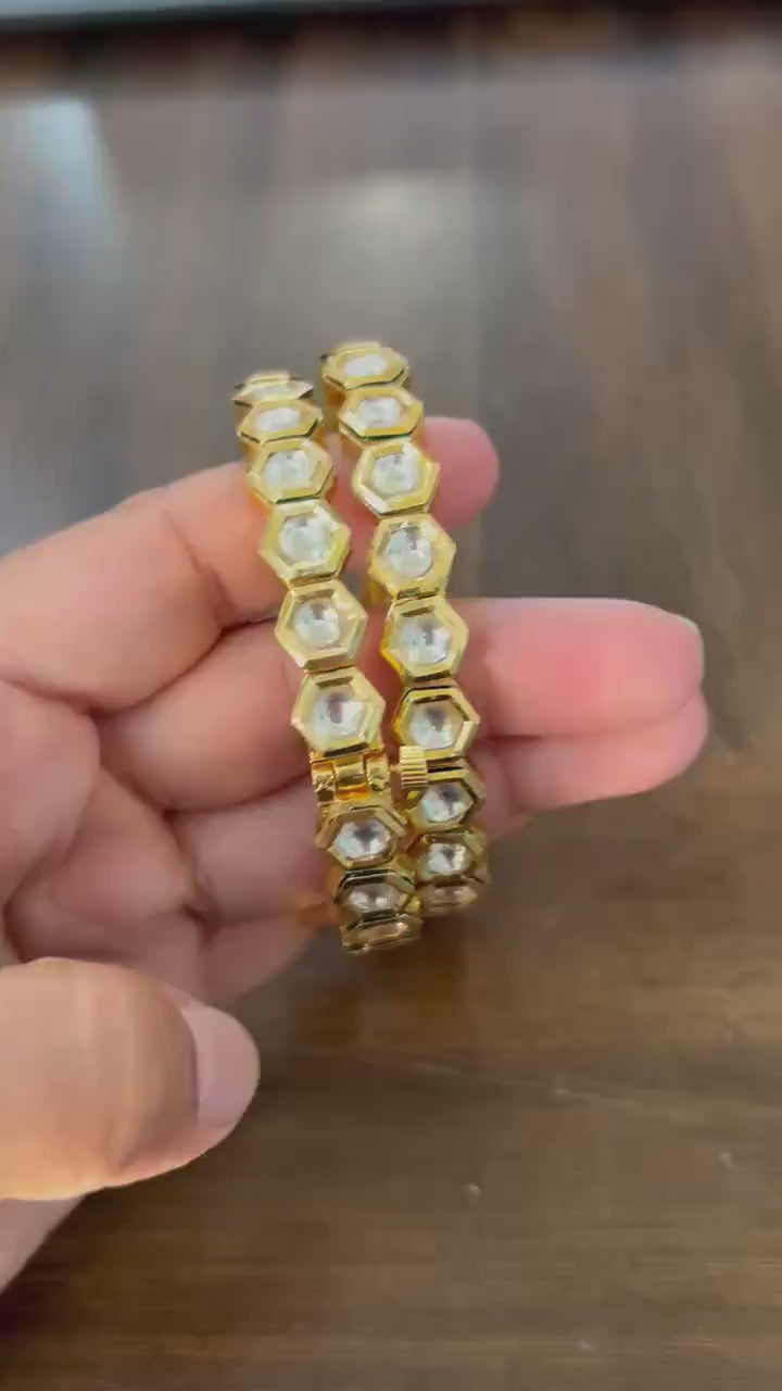 Kundan bangles gold polished openable hexagon shaped