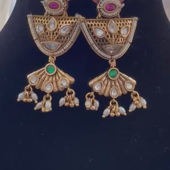 Rajwadi necklace set long, adjustable gold polished