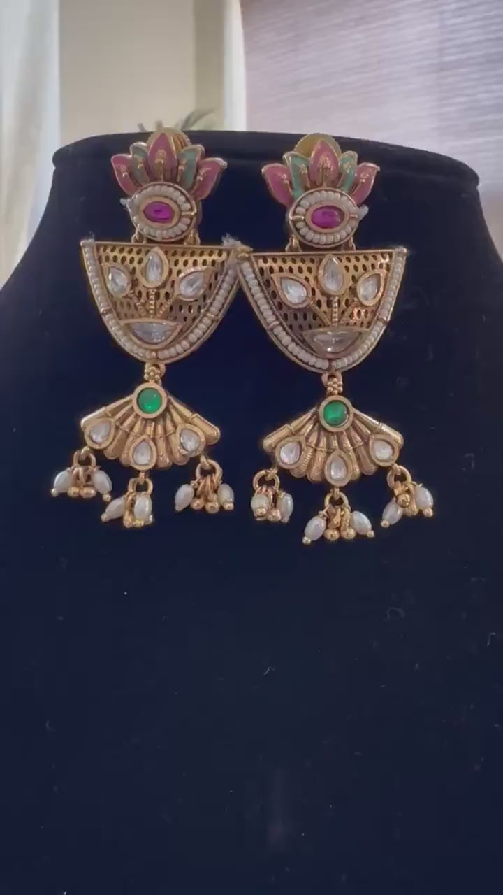 Rajwadi necklace set long, adjustable gold polished