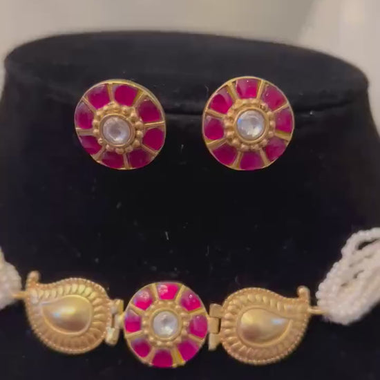Jadau Choker Necklace Set: Gold Bollywood Style Pearl Jewelry