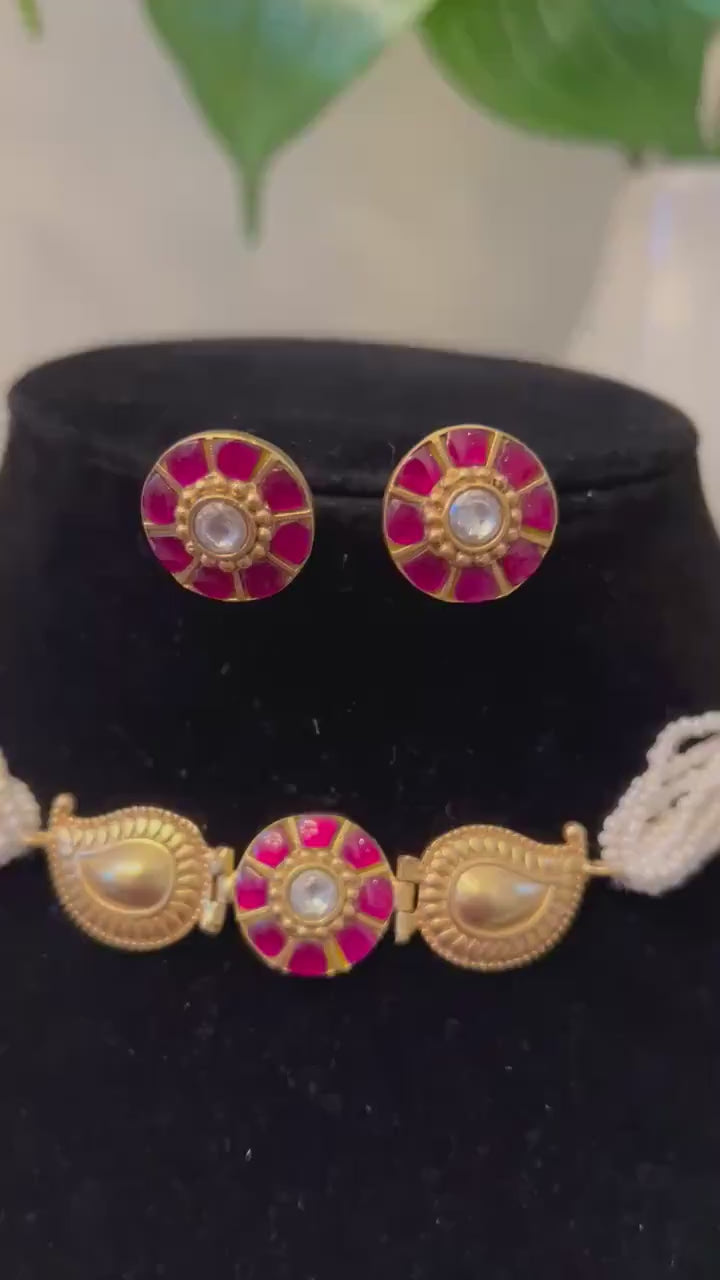 Jadau Choker Necklace Set: Gold Bollywood Style Pearl Jewelry
